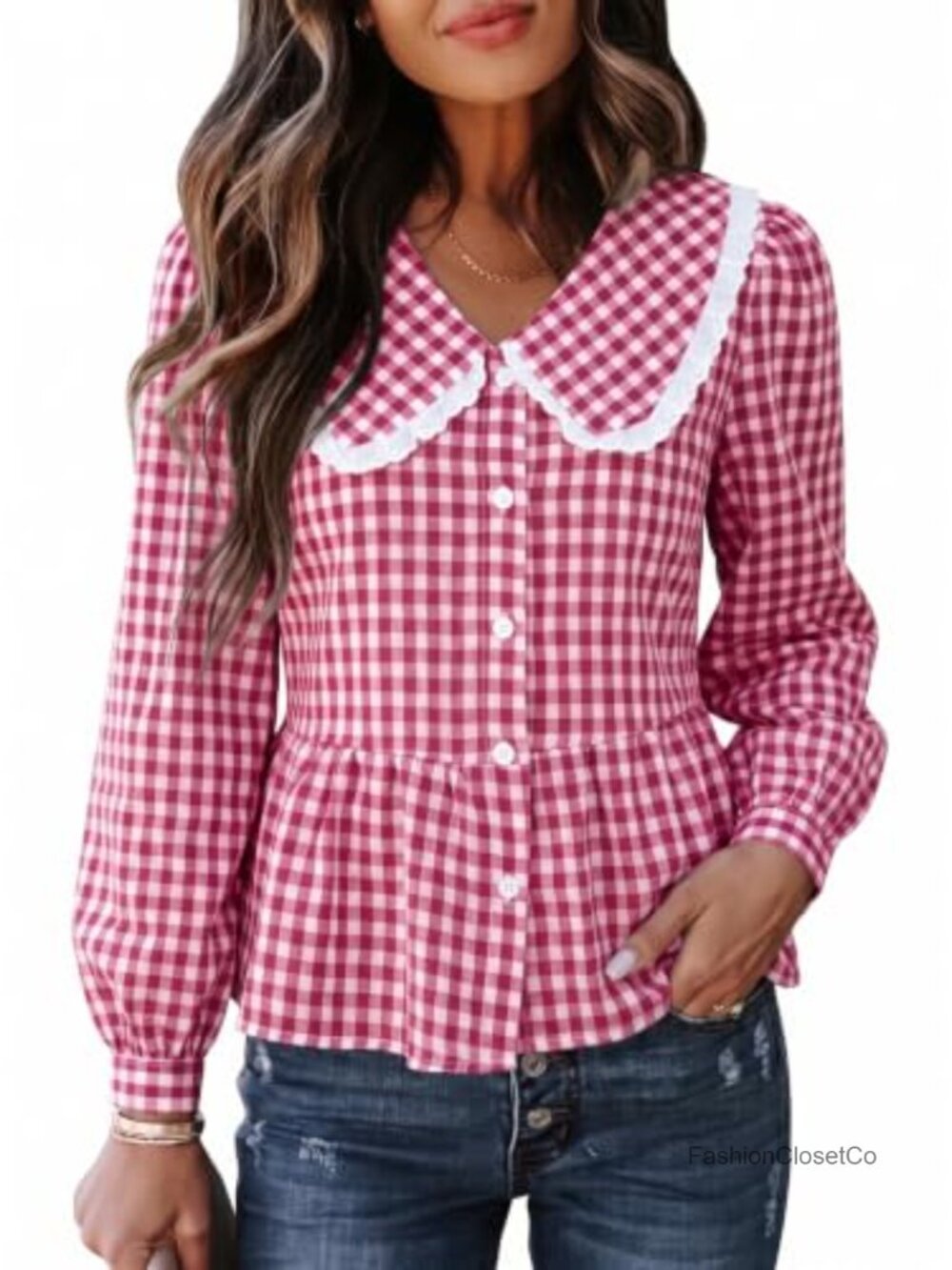 Gingham Peter Pan Collar Long Sleeve Button Down Shirt Women's Cotton Polyester